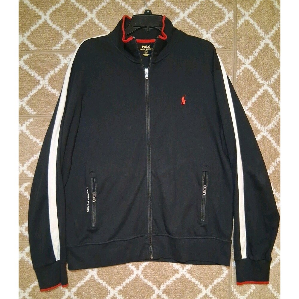 Polo Ralph Lauren Men's Zip Up Track Jacket Black Lg Cotton Red Pony Outdoors